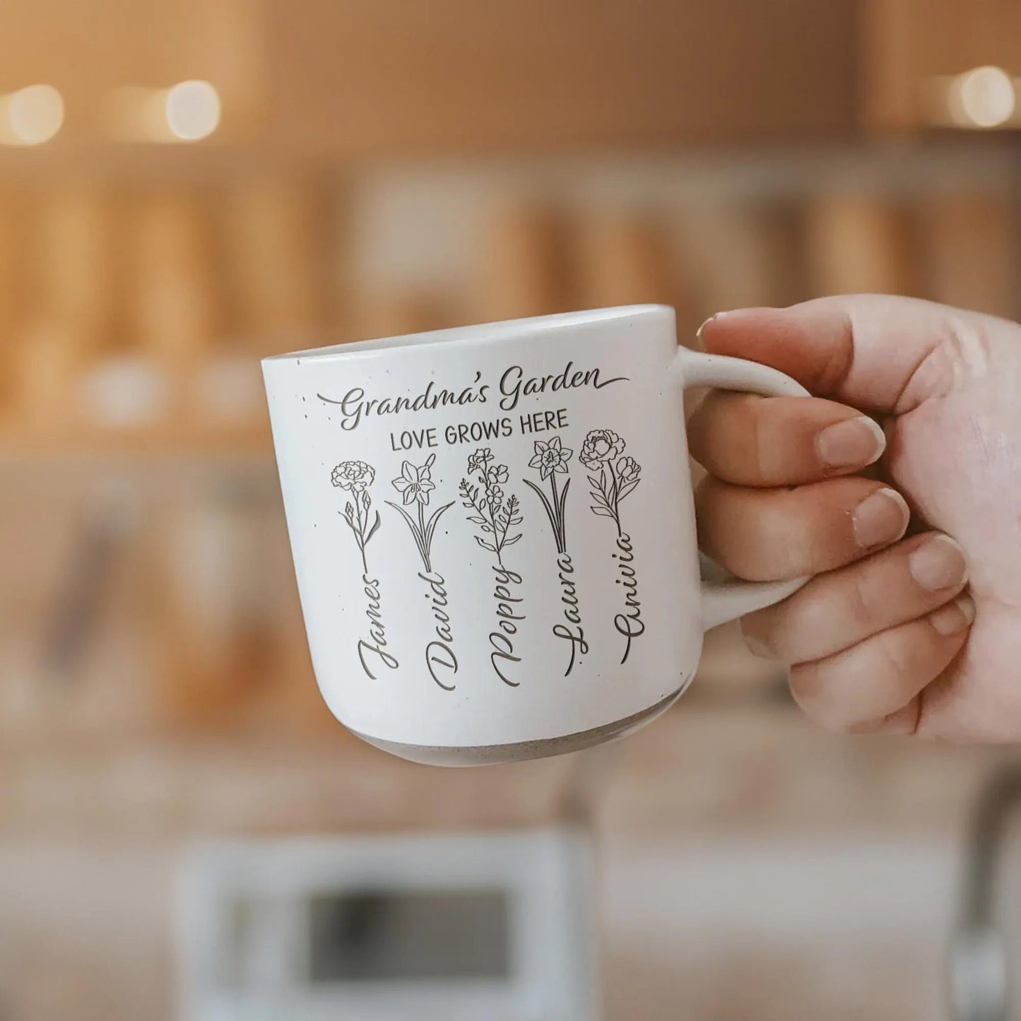 Personalized Grandma's Garden Pottery Mug ideal as grandma's garden gifts and keepsakes