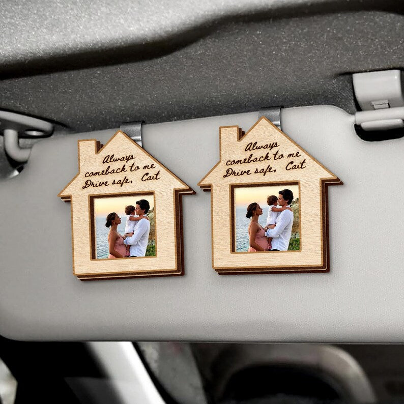 Personalized Hand-Painted Photo Wooden Car Visor Clip, a custom car mirror charm alternative and treasured drive safe gift.