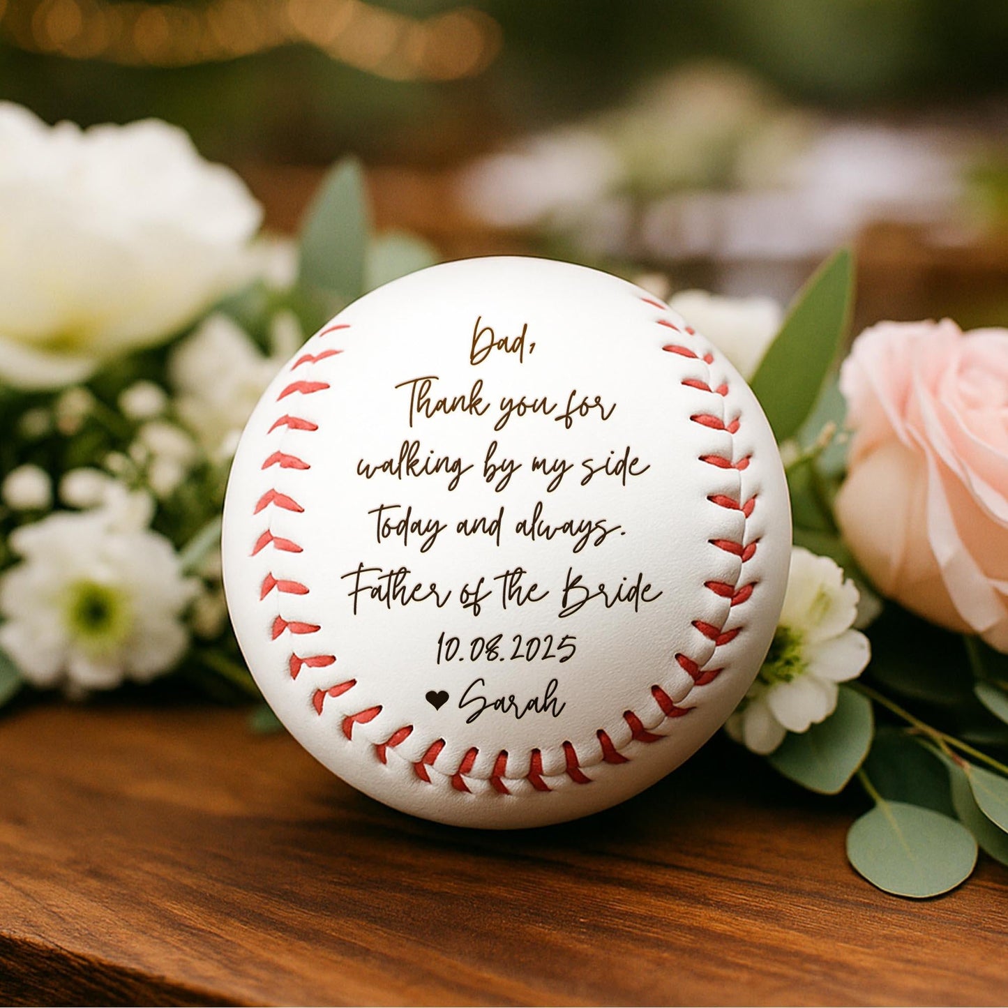 Baseball themed wedding gift for dad with personalized handwriting message