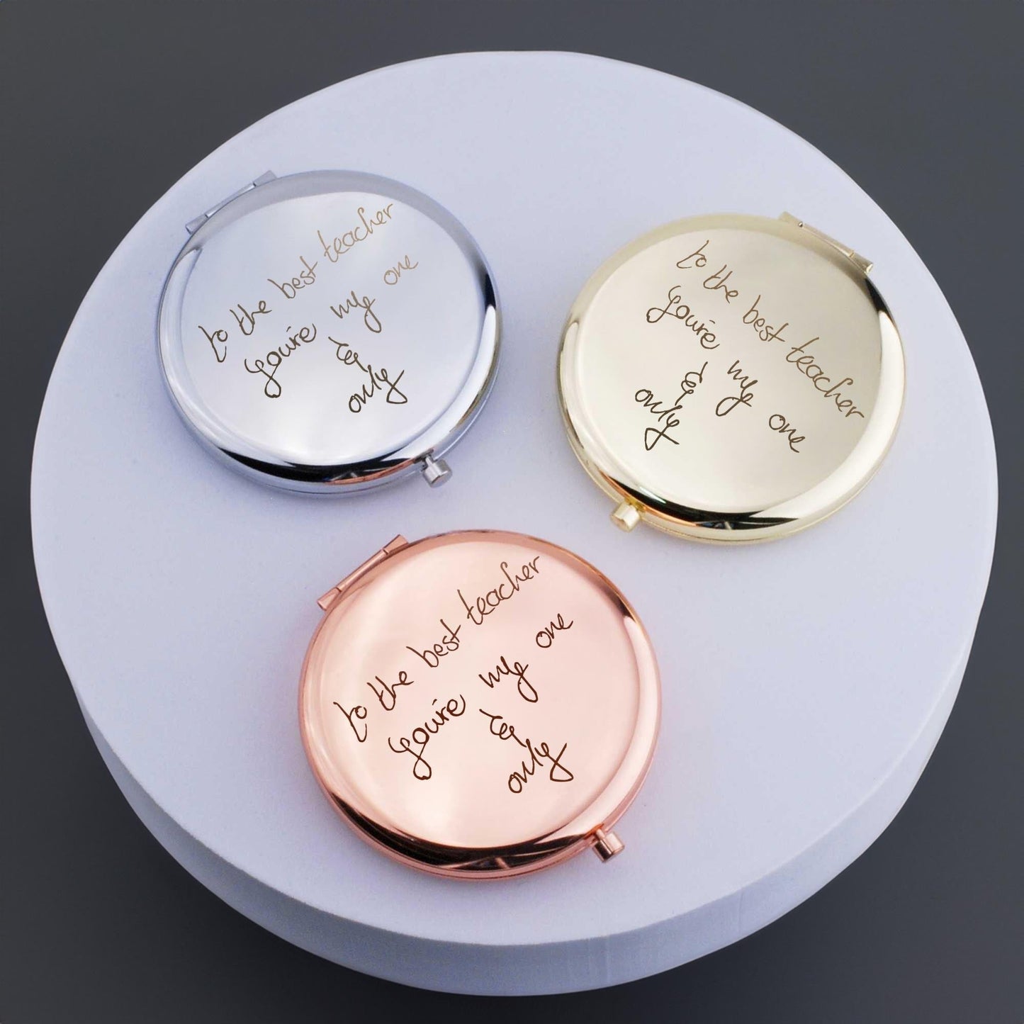 Gifts for mother in law on wedding day with a personalized handwriting compact mirror