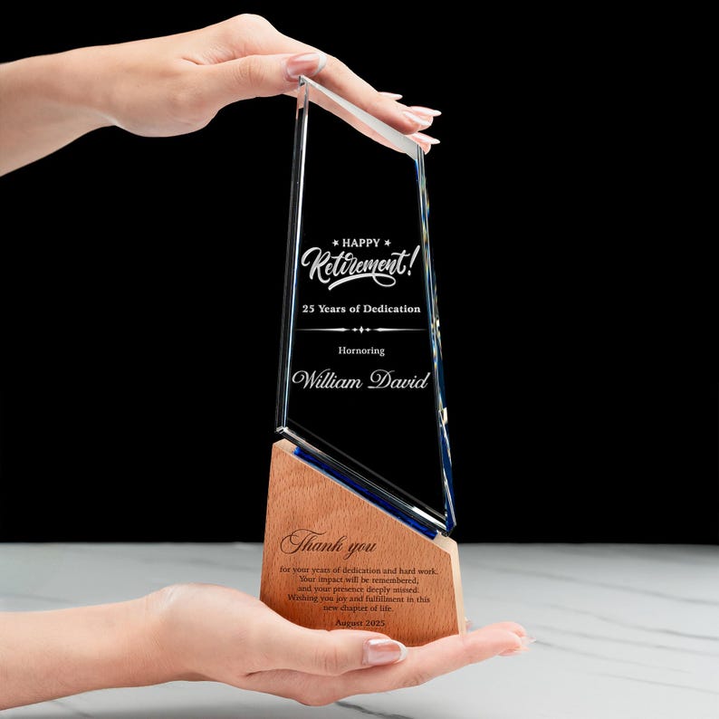 Custom engraved crystal award, the Personalized Happy Retirement Crystal Award is a beautiful way to honor years of dedication.
