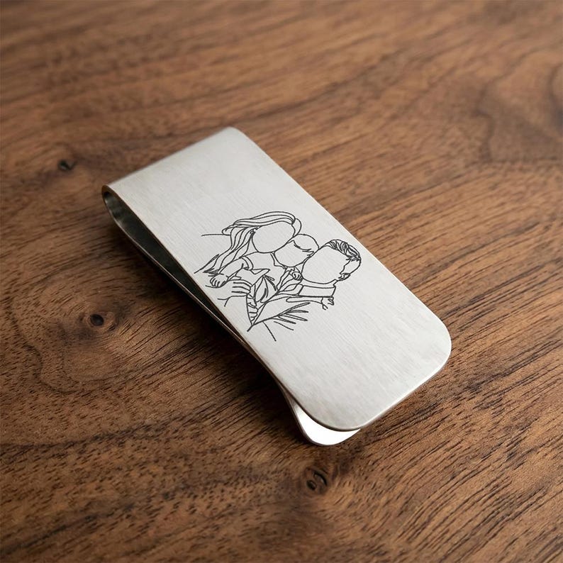 Best gift for husband featuring a custom family photo line art design on a durable stainless steel engraved money clip.