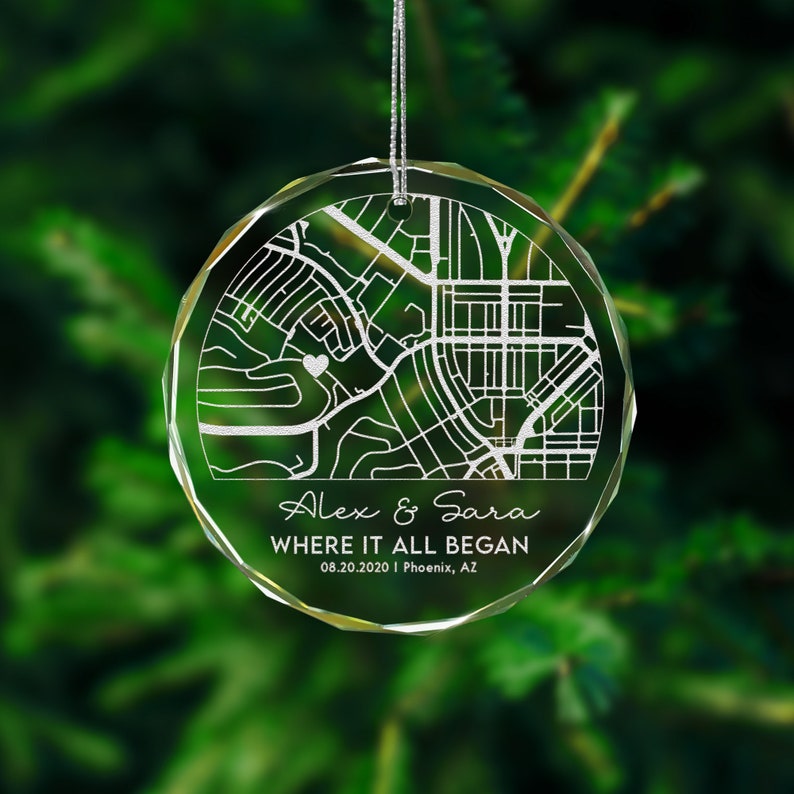 Personalized Map Glass Ornament for Couple designed as romantic christmas gifts for couples
