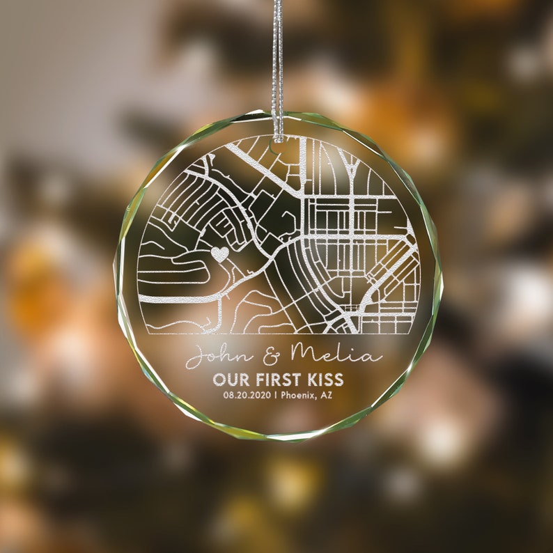 Elegant Personalized Map Glass Ornament for Couple crafted as a unique first kiss ornament