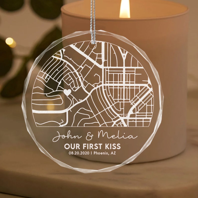 Personalized Map Glass Ornament for Couple showcased as meaningful engagement gifts for couples