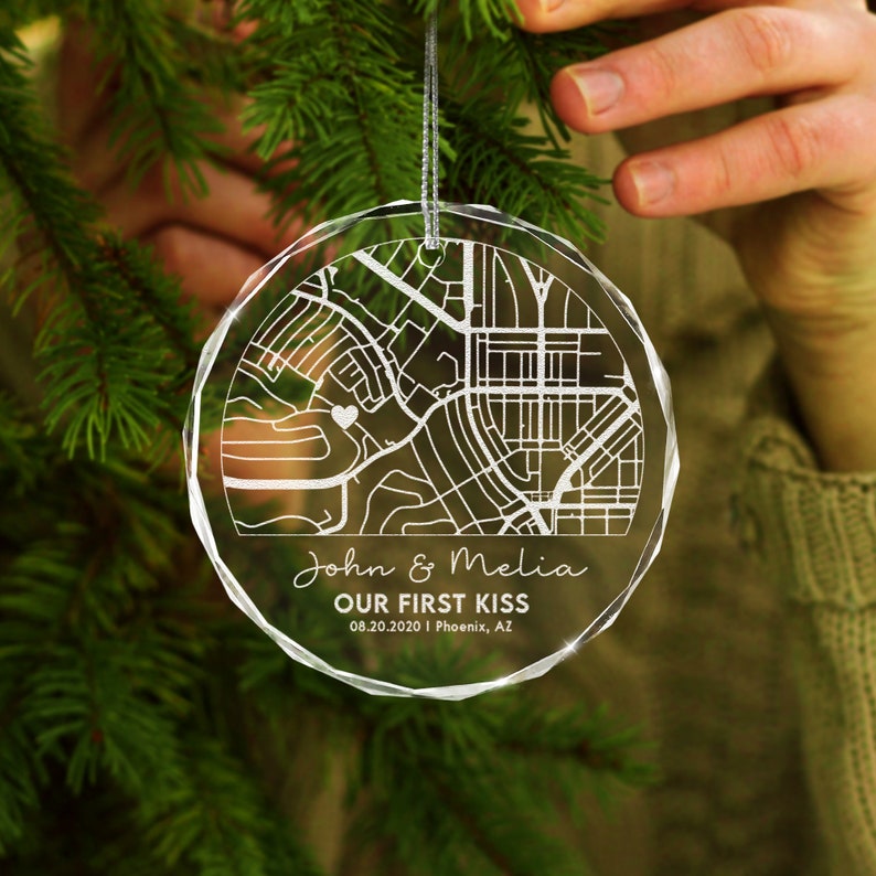 Stylish Personalized Map Glass Ornament for Couple offered as anniversary gifts for couples who have everything