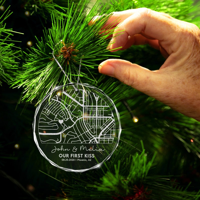 Custom Personalized Map Glass Ornament for Couple highlighted as heartfelt first kiss gifts