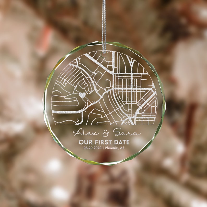 Personalized Map Glass Ornament for Couple created as memorable our first date gift