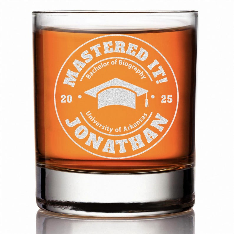 Elegant personalized whiskey glasses with a box option, serving as a premium graduation keepsake for the Class of 2026.