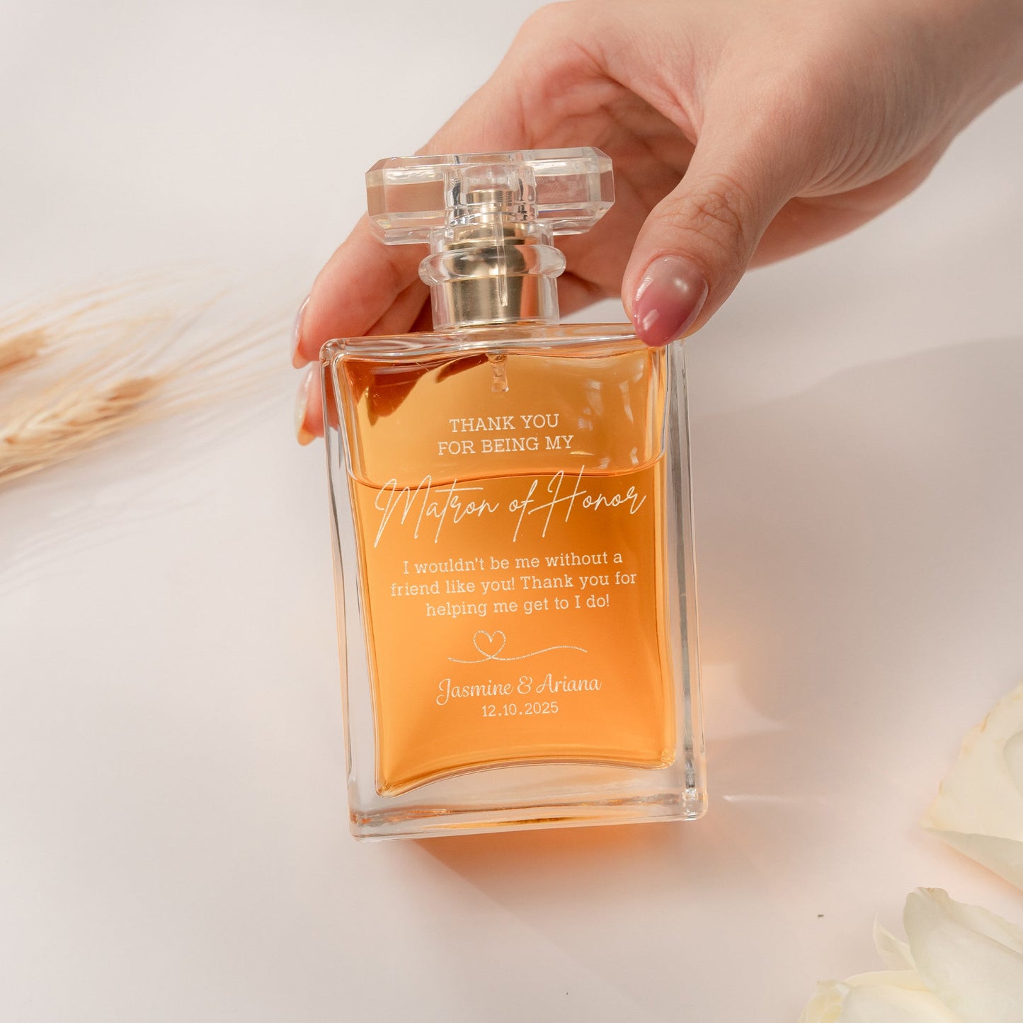 Stylish Personalized Matron of Honor Glass Perfume Bottle ideal for bridesmaid gifts and wedding party favors