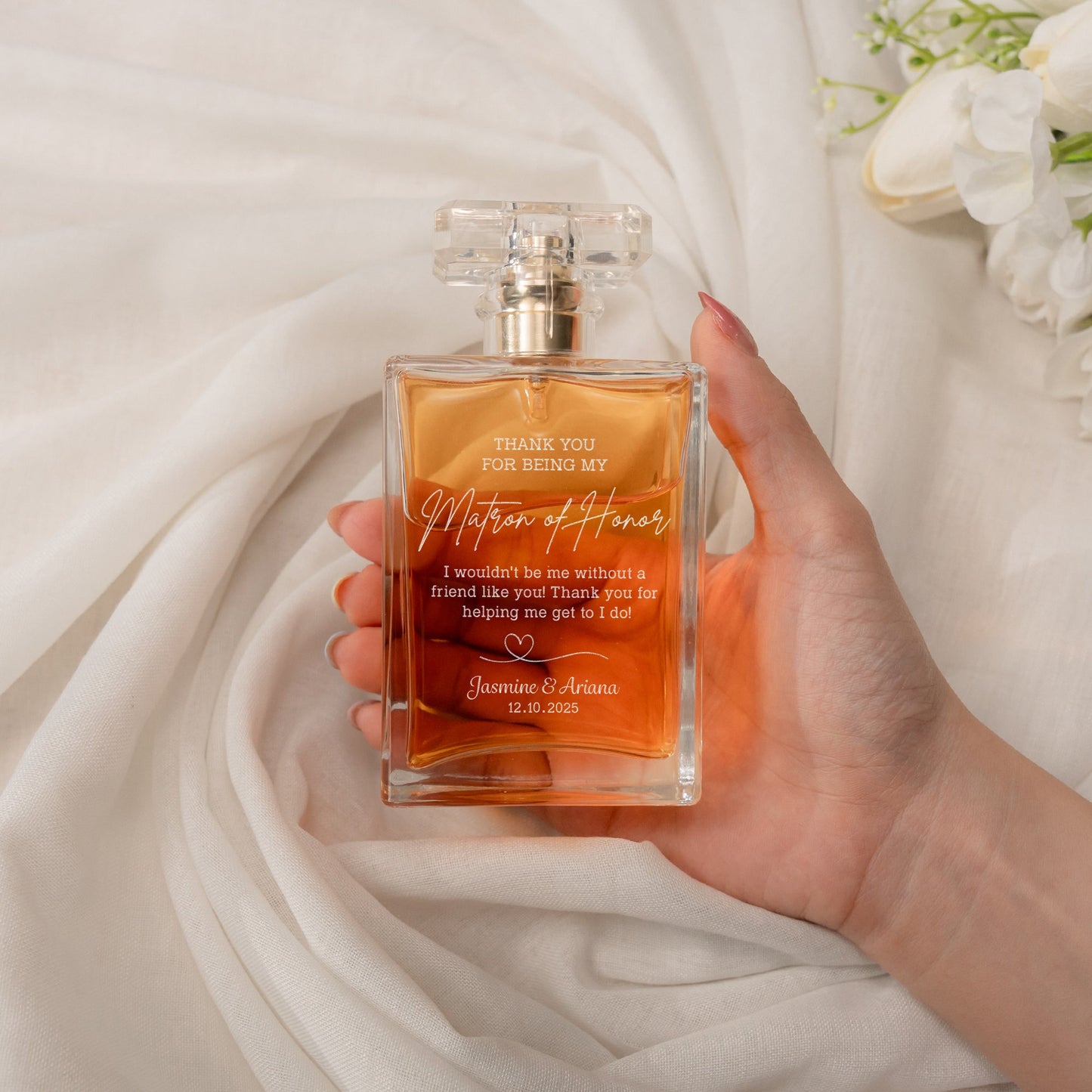 Custom Personalized Matron of Honor Glass Perfume Bottle designed as memorable maid of honor gifts and keepsake