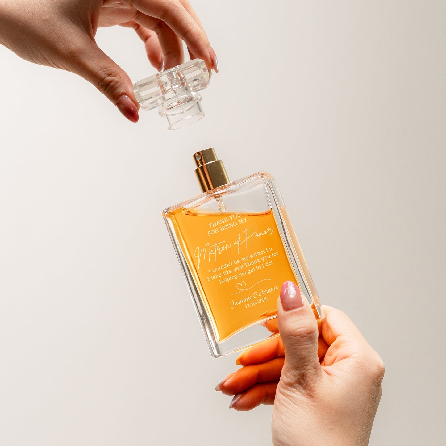 Elegant Personalized Matron of Honor Glass Perfume Bottle presented as thoughtful bridesmaid gifts and wedding thank you gift