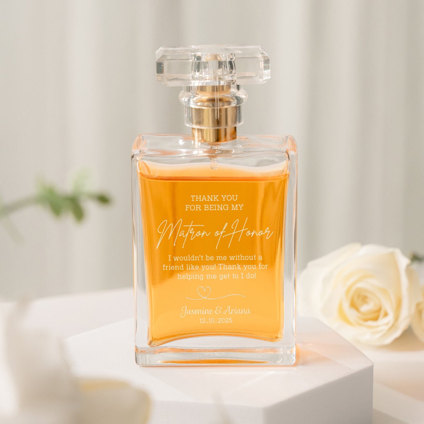 Unique Personalized Matron of Honor Glass Perfume Bottle ideal as bridesmaid gifts and personalized perfume bottle