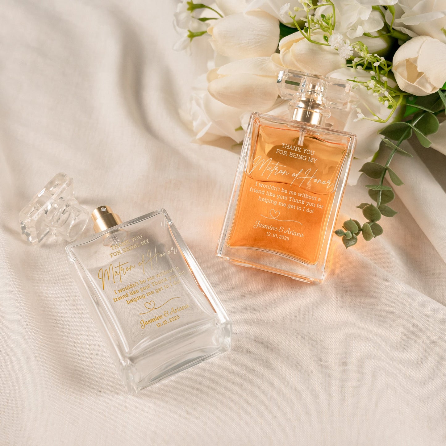 Elegant Personalized Matron of Honor Glass Perfume Bottle crafted as meaningful matron of honor gifts and bridal keepsake