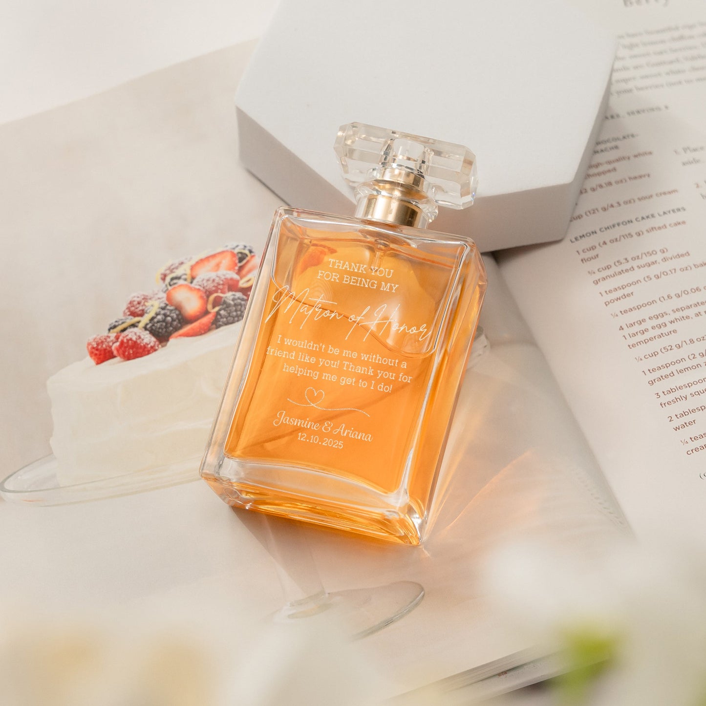 Timeless Personalized Matron of Honor Glass Perfume Bottle presented as lasting bridesmaid gifts and wedding day heirloom