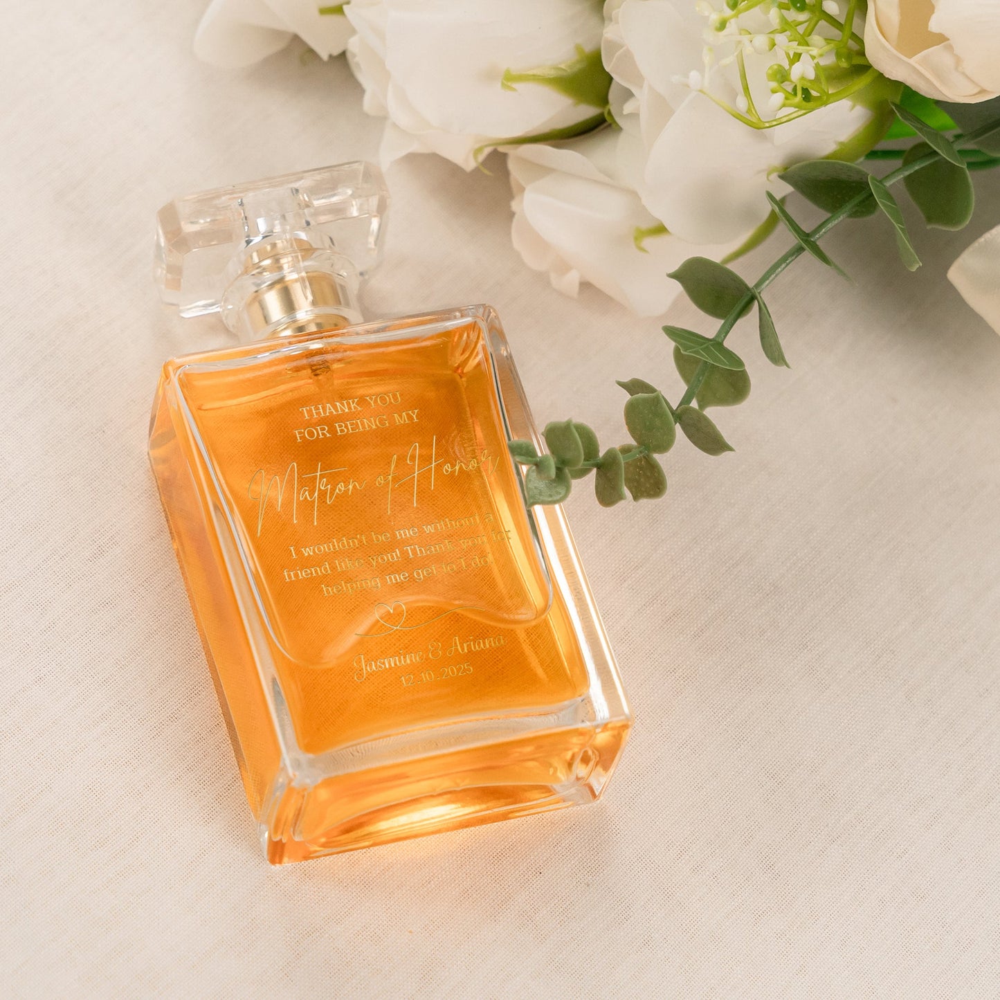 Custom engraved Personalized Matron of Honor Glass Perfume Bottle designed as unique matron of honor gifts and thank you present