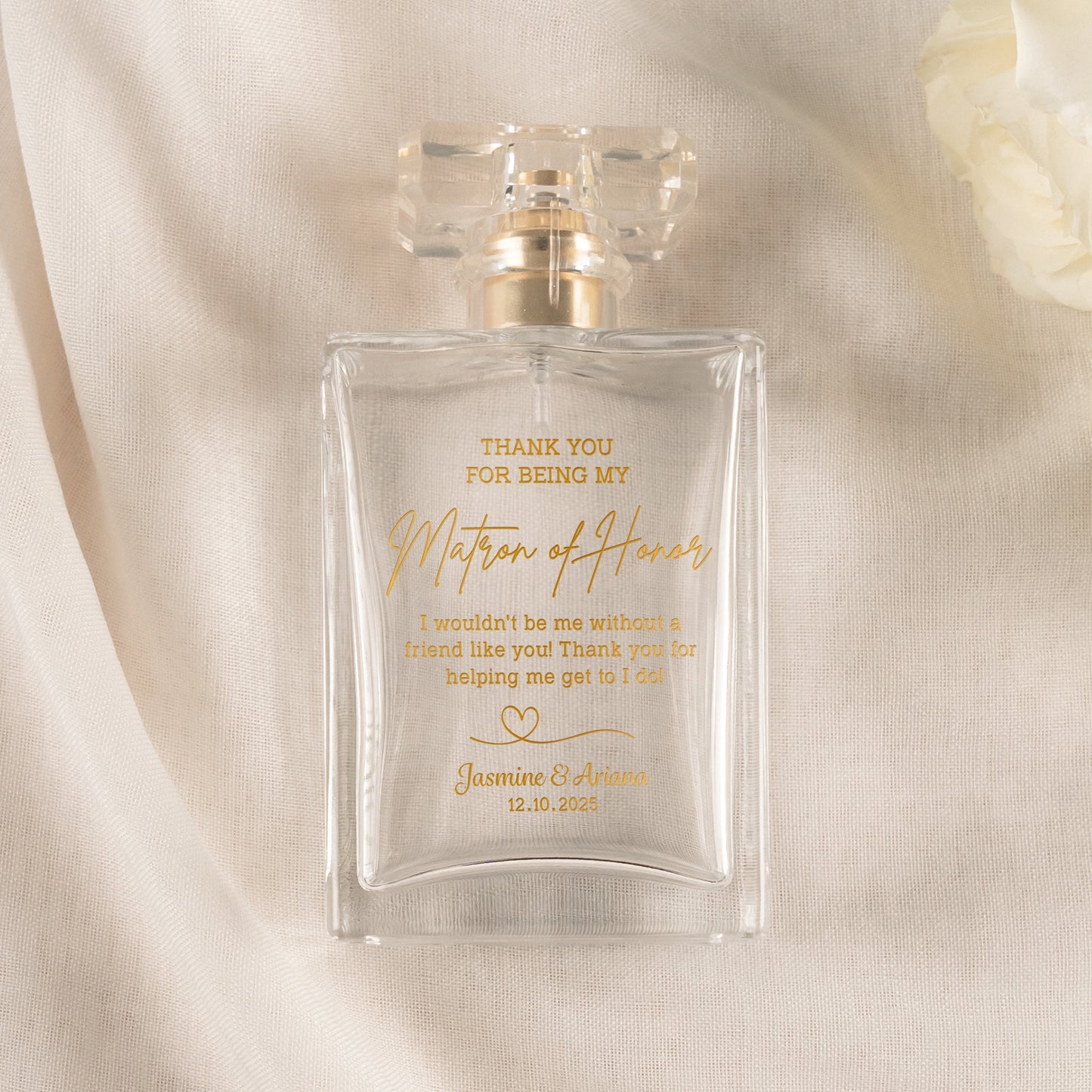Meaningful Personalized Matron of Honor Glass Perfume Bottle created as elegant matron of honor gifts and bridal perfume