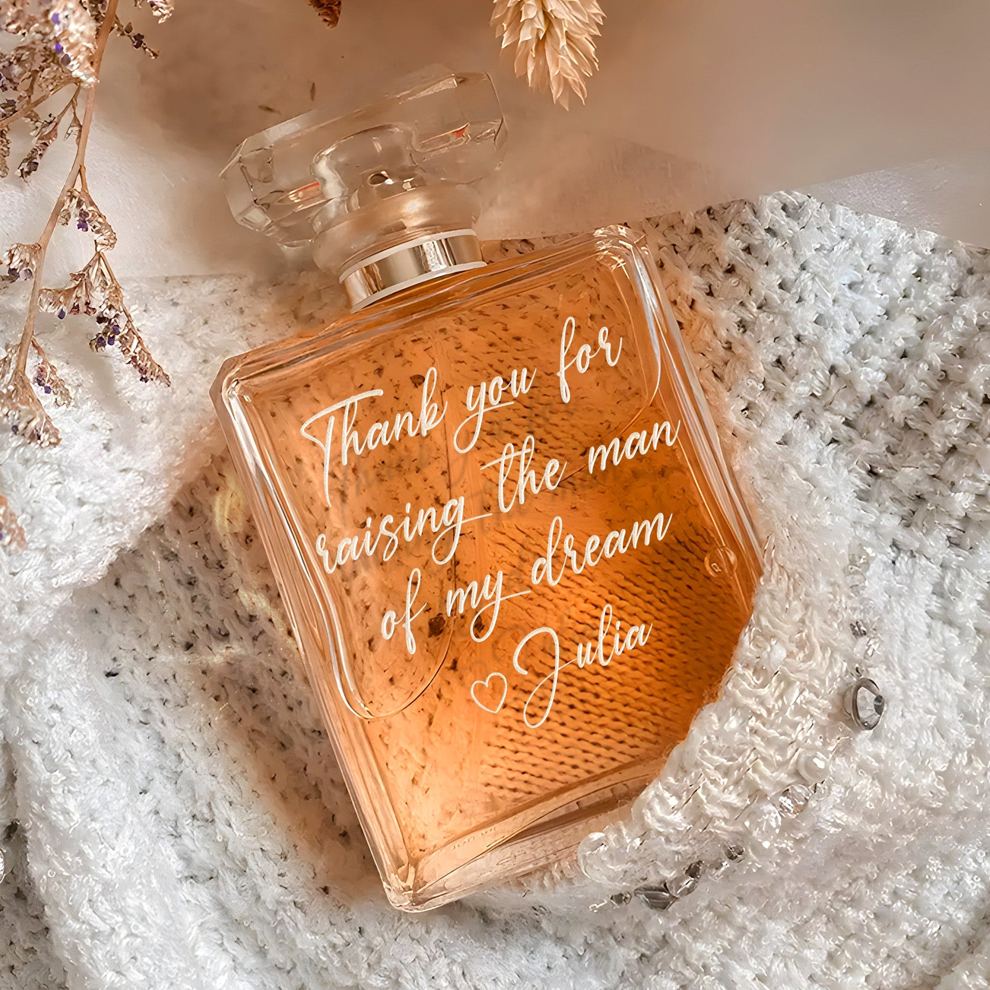Elegant Personalized Message Glass Perfume Bottle crafted as meaningful wedding gift for mom and family keepsake