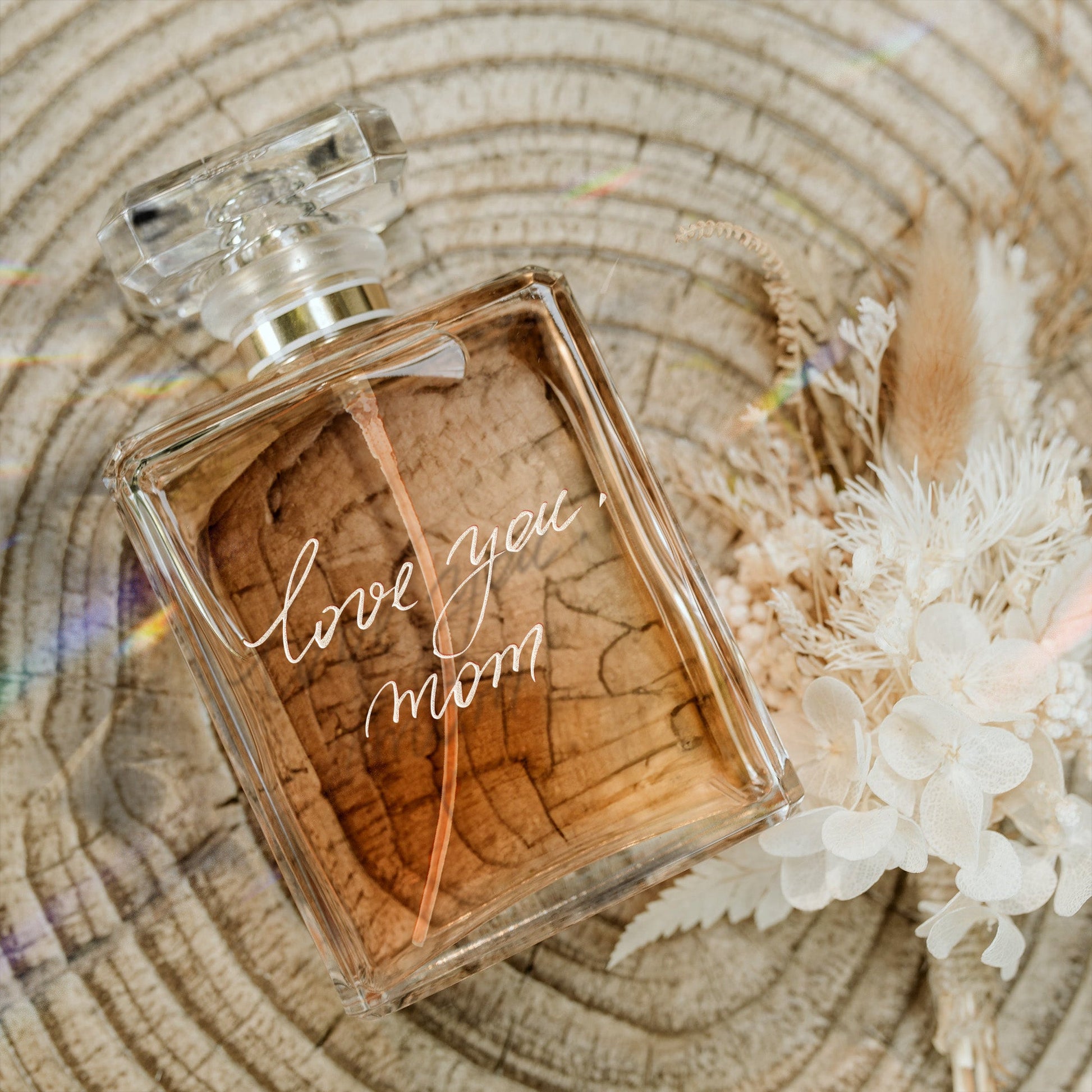 Beautiful Personalized Mom Glass Perfume Bottle with Handwriting ideal as a heartfelt wedding gift for mom