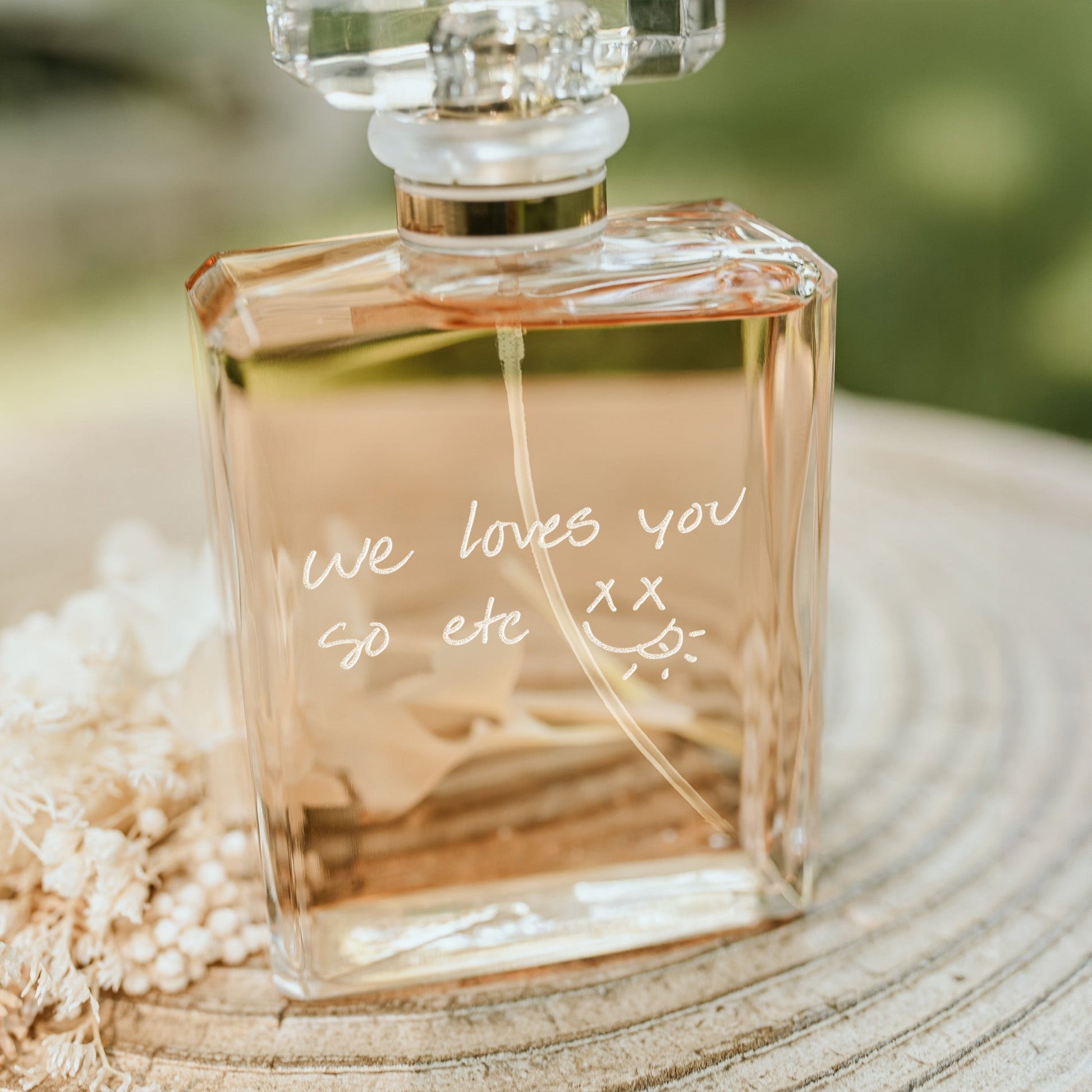 Meaningful Personalized Mom Glass Perfume Bottle with Handwriting presented as memorable mother of the bride gifts