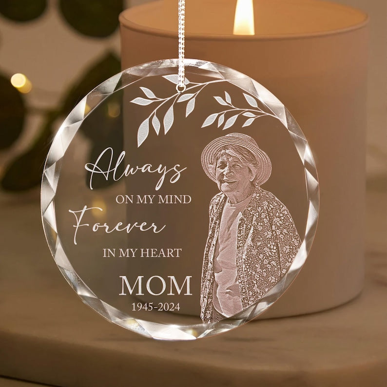Engraved christmas ornaments featuring a Personalized Mom Memorial Glass Ornament for the holidays