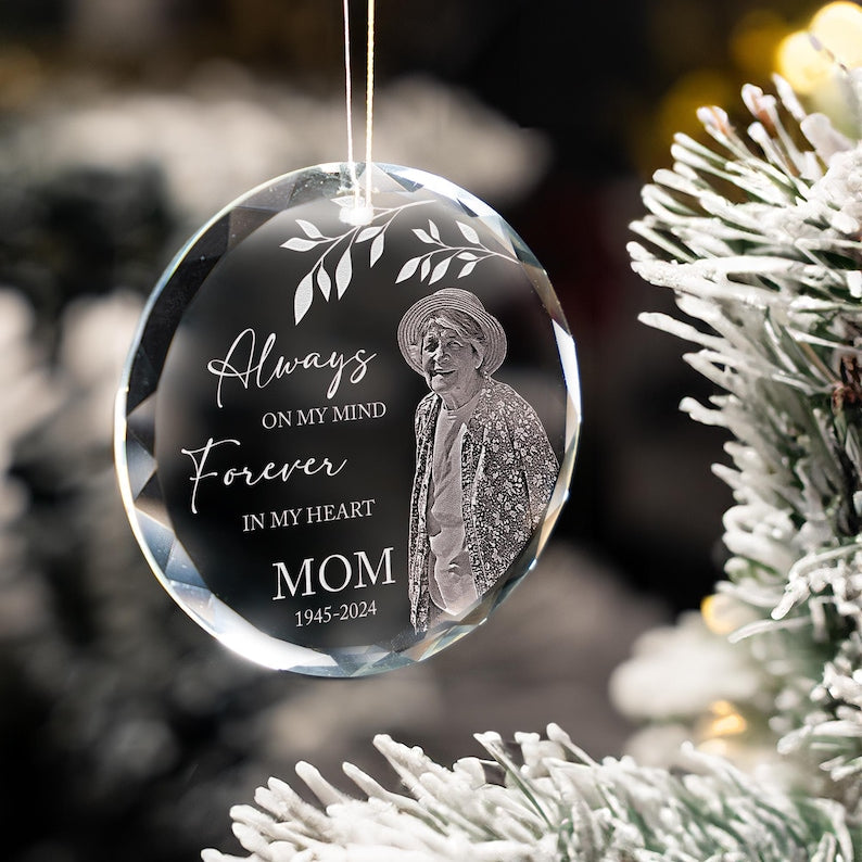 Personalized Mom Memorial Glass Ornament as engraved memorial ornaments to honor a loved one