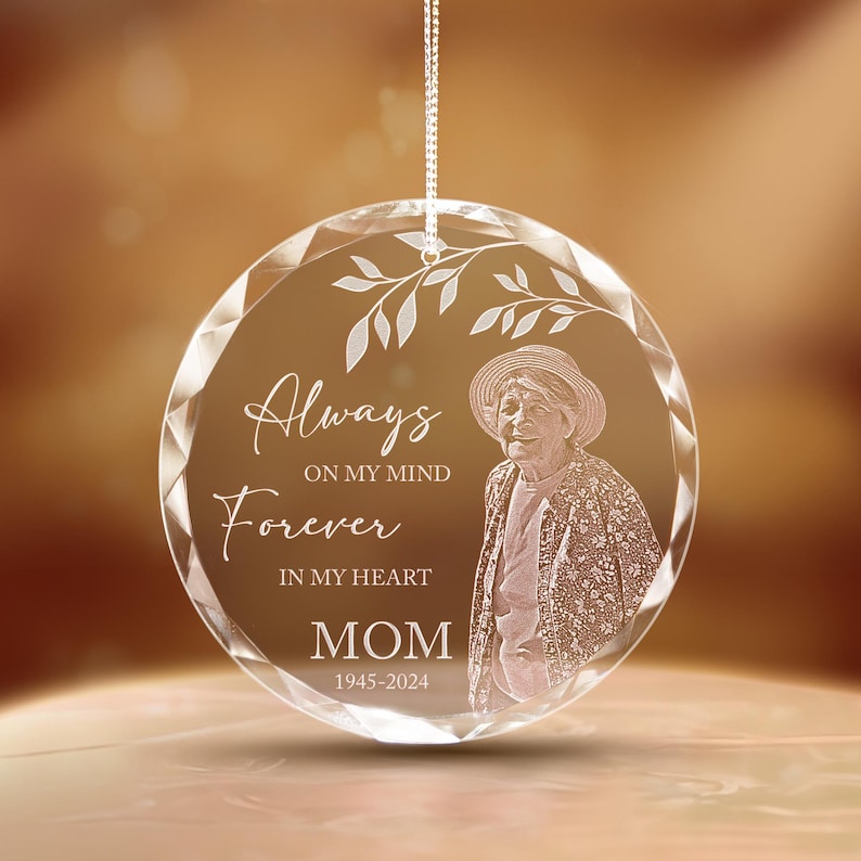 Memorial remembrance gifts including a Personalized Mom Memorial Glass Ornament for mom