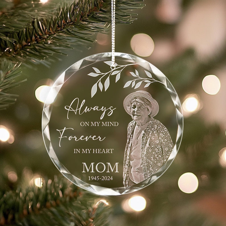 Personalized Mom Memorial Glass Ornament used as a memorial photo ornament for remembrance