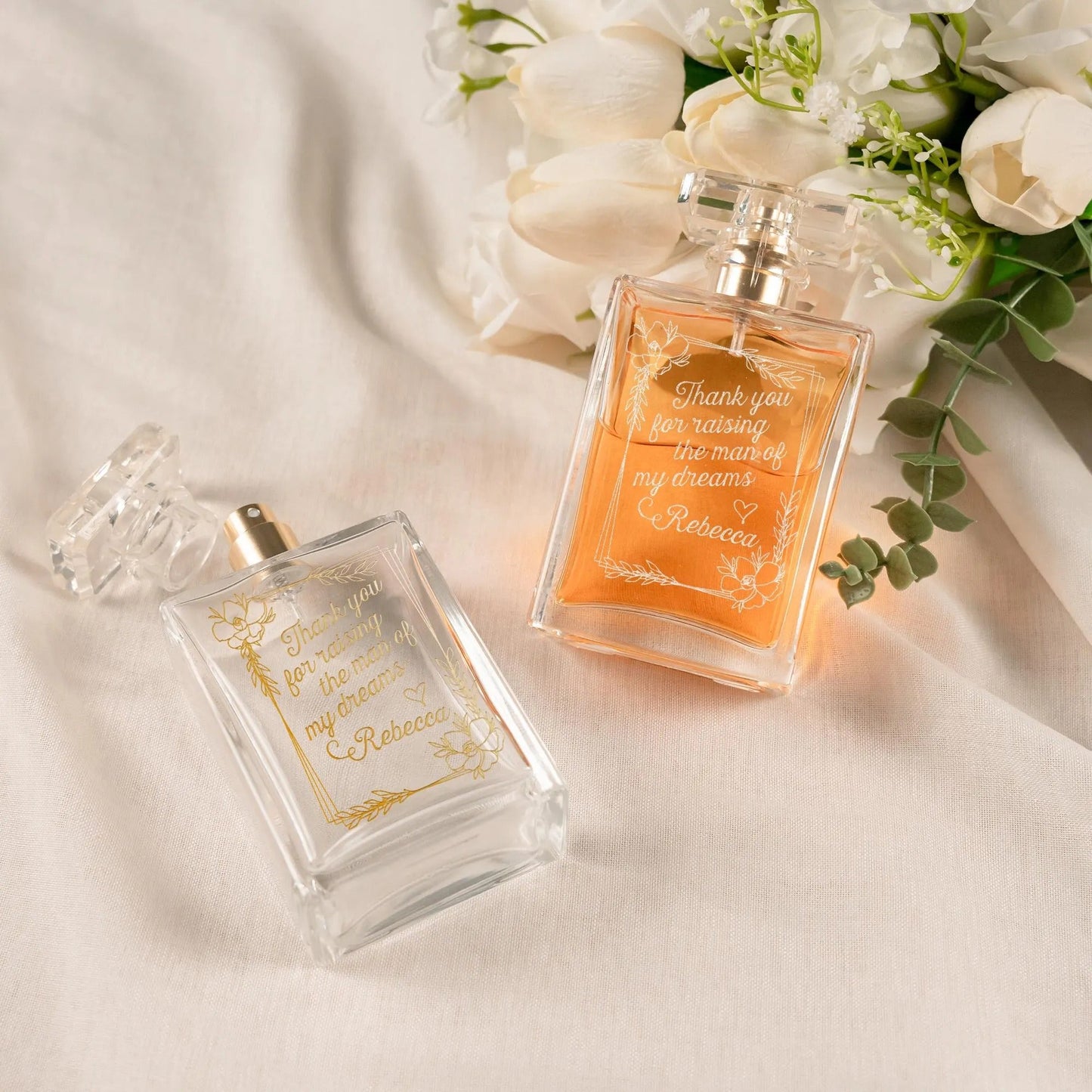 Elegant Personalized Mother of Groom Glass Perfume Bottle crafted as timeless bridal party gift and mother in law wedding gift