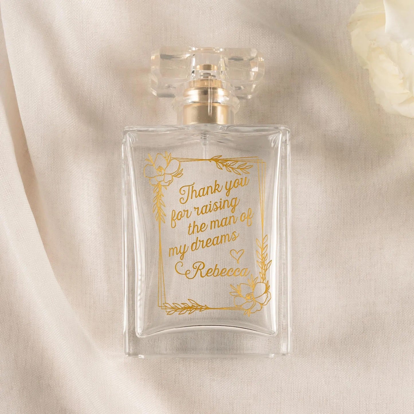 Meaningful Personalized Mother of Groom Glass Perfume Bottle created as lasting wedding gift for mom and mother of the groom gifts