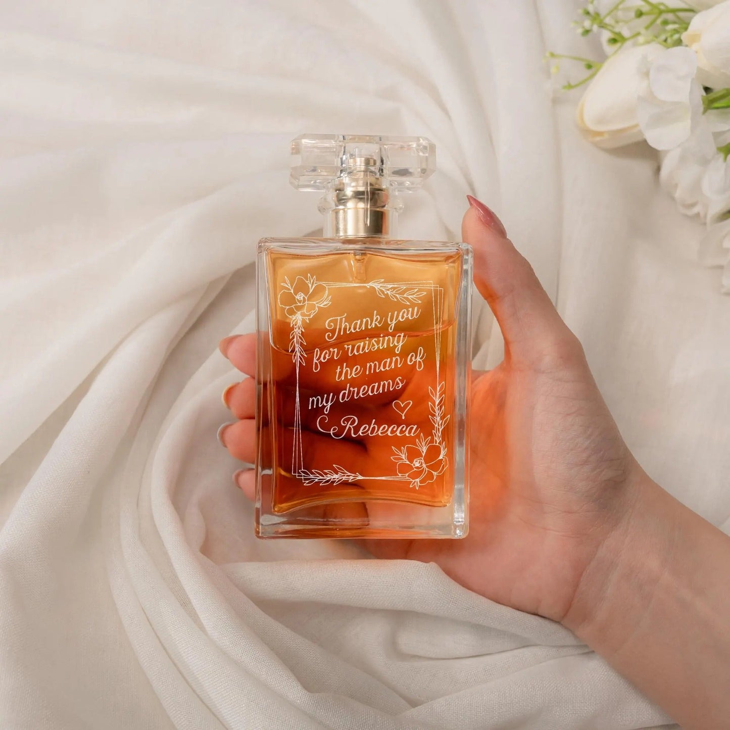 Custom Personalized Mother of Groom Glass Perfume Bottle designed as bridal perfume and thoughtful mother in law wedding gift