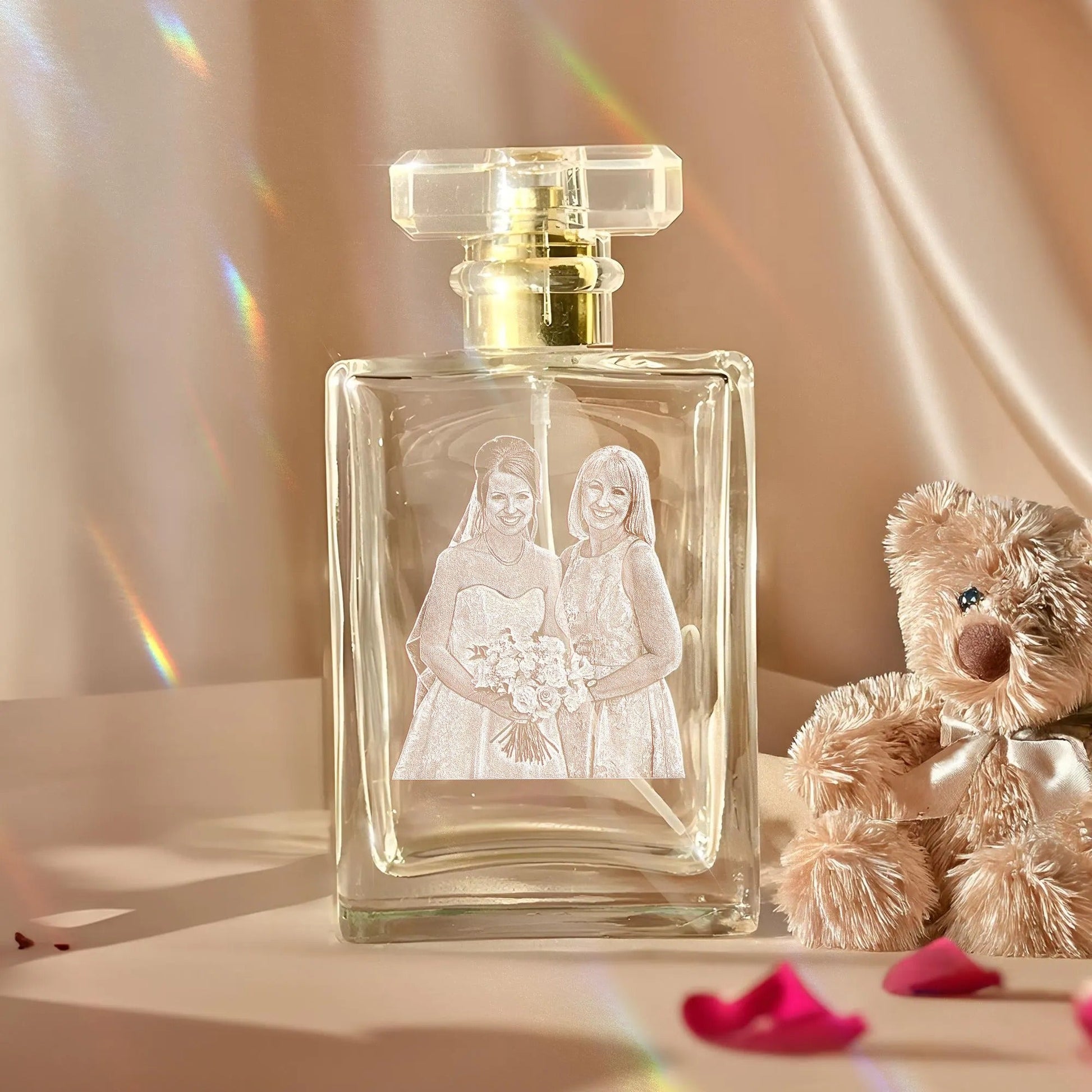 Personalized Mother of the Bride Glass Perfume Bottle with Photo designed as elegant mother of the bride gifts and keepsake