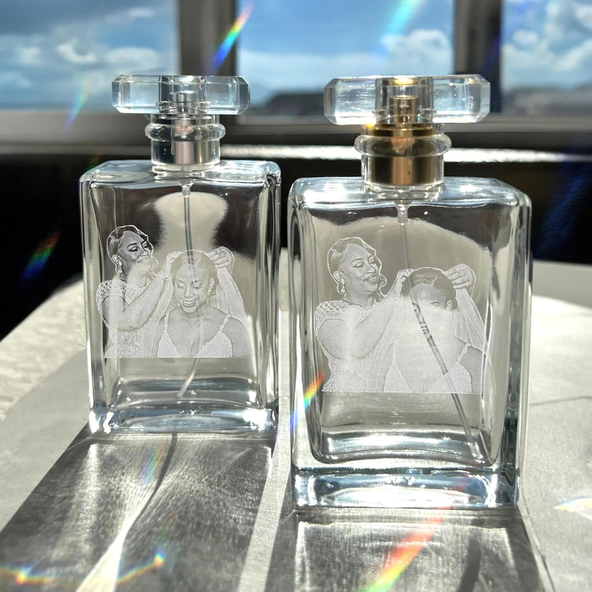 Timeless Personalized Mother of the Bride Glass Perfume Bottle with Photo presented as thoughtful mother of the bride gifts and wedding gift for mom