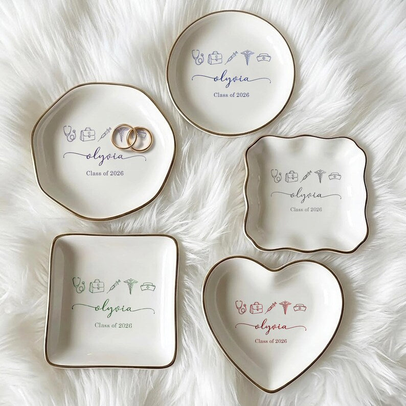 Customized graduation jewelry dish for her, making it one of the best gift ideas for nursing grads.
