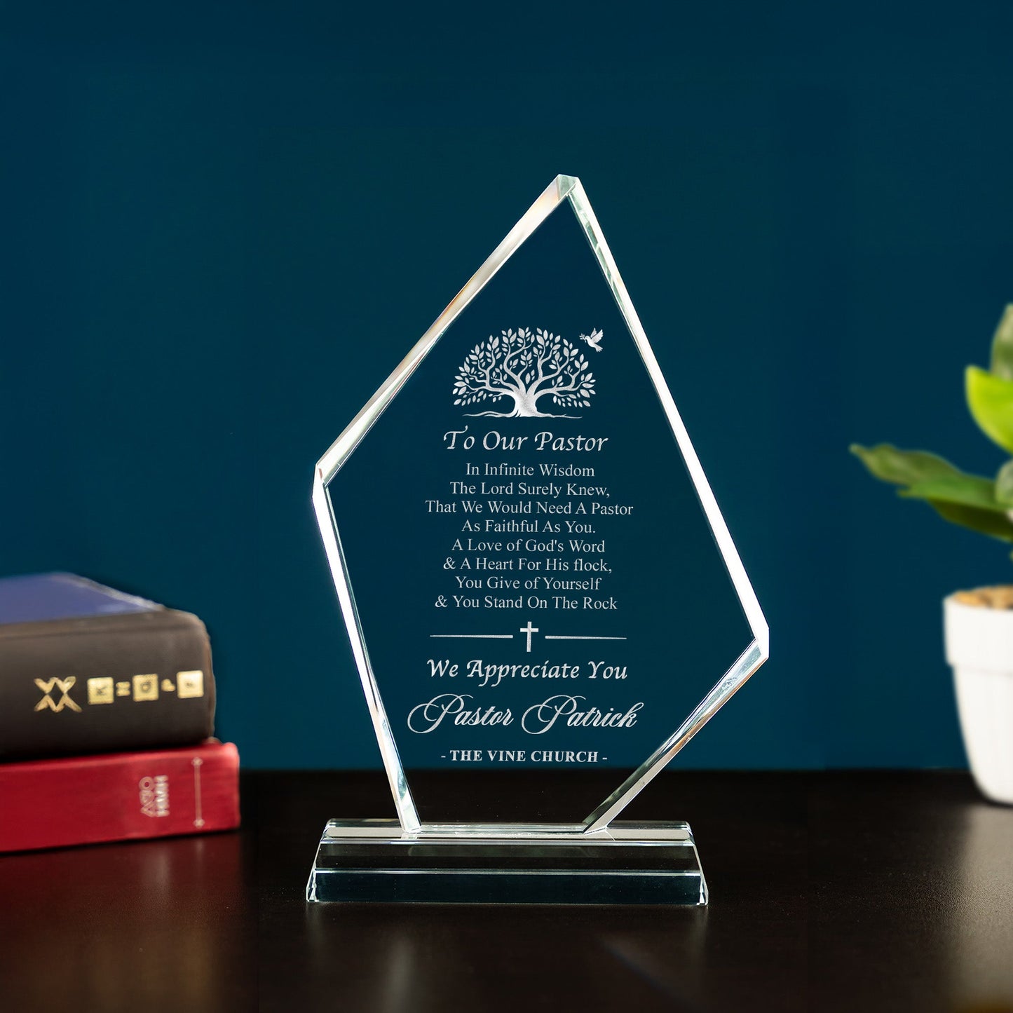 A custom Personalized Pastor Appreciation Award, a beautiful Christian bible gift and recognition plaque for a minister.