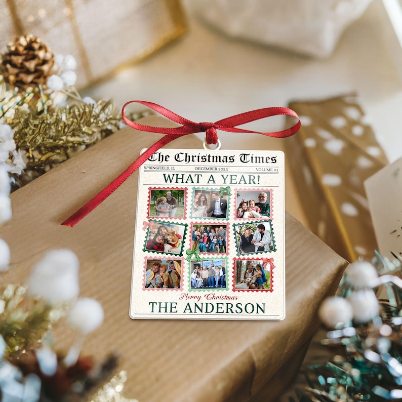 An elegant personalized Christmas ornament, the Personalized Photo What A Year Newspaper Acrylic Ornament features a unique photo in a newspaper design.