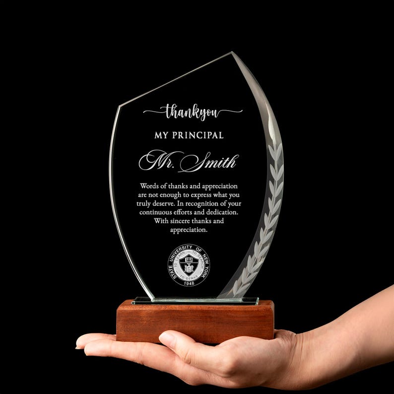 A unique Personalized Principal Appreciation Crystal Award, an ideal engraved retirement gift to commemorate a principal's career.