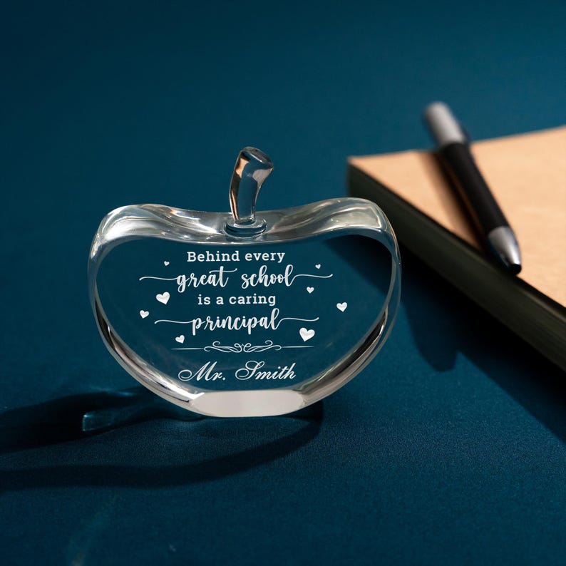 Custom engraved Personalized Principal Appreciation Crystal Paperweight, a unique retirement or Principal's Day gift idea.