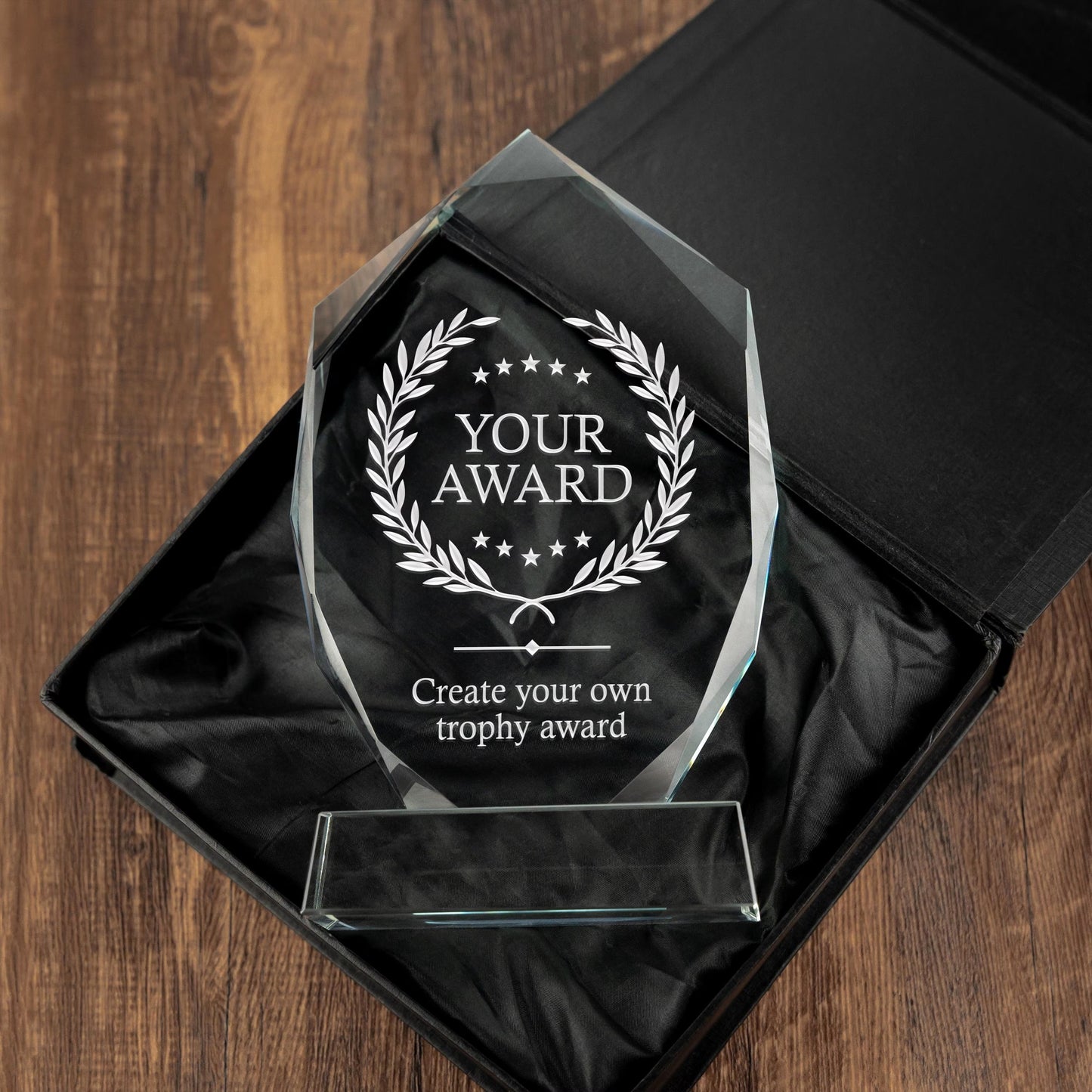 Bulk personalized gifts for employees featuring engraved crystal award designs