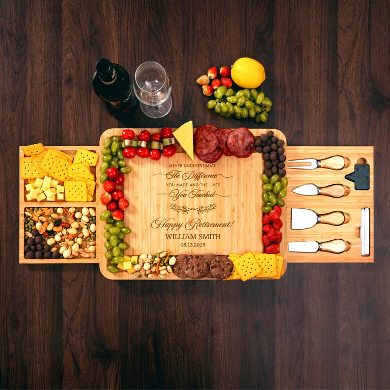 Engraved Personalized Retirement Bamboo Charcuterie Board, the perfect farewell gift for a coworker who is leaving their job.