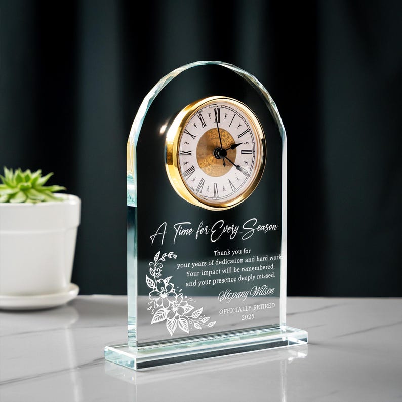 Unique Personalized Retirement Crystal Desk Clock for Employee presented as departure gifts for coworkers
