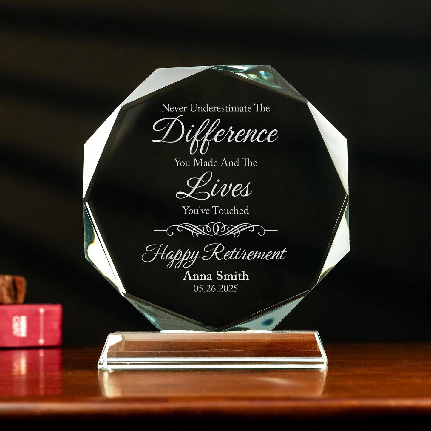 Personalized Retirement Crystal Employee Award designed as meaningful retirement gifts and elegant employee appreciation gifts