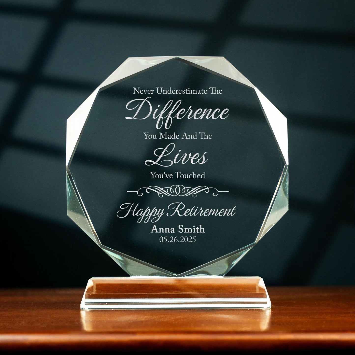 Unique Personalized Retirement Crystal Employee Award ideal as departure gifts for coworkers and lasting retirement gifts
