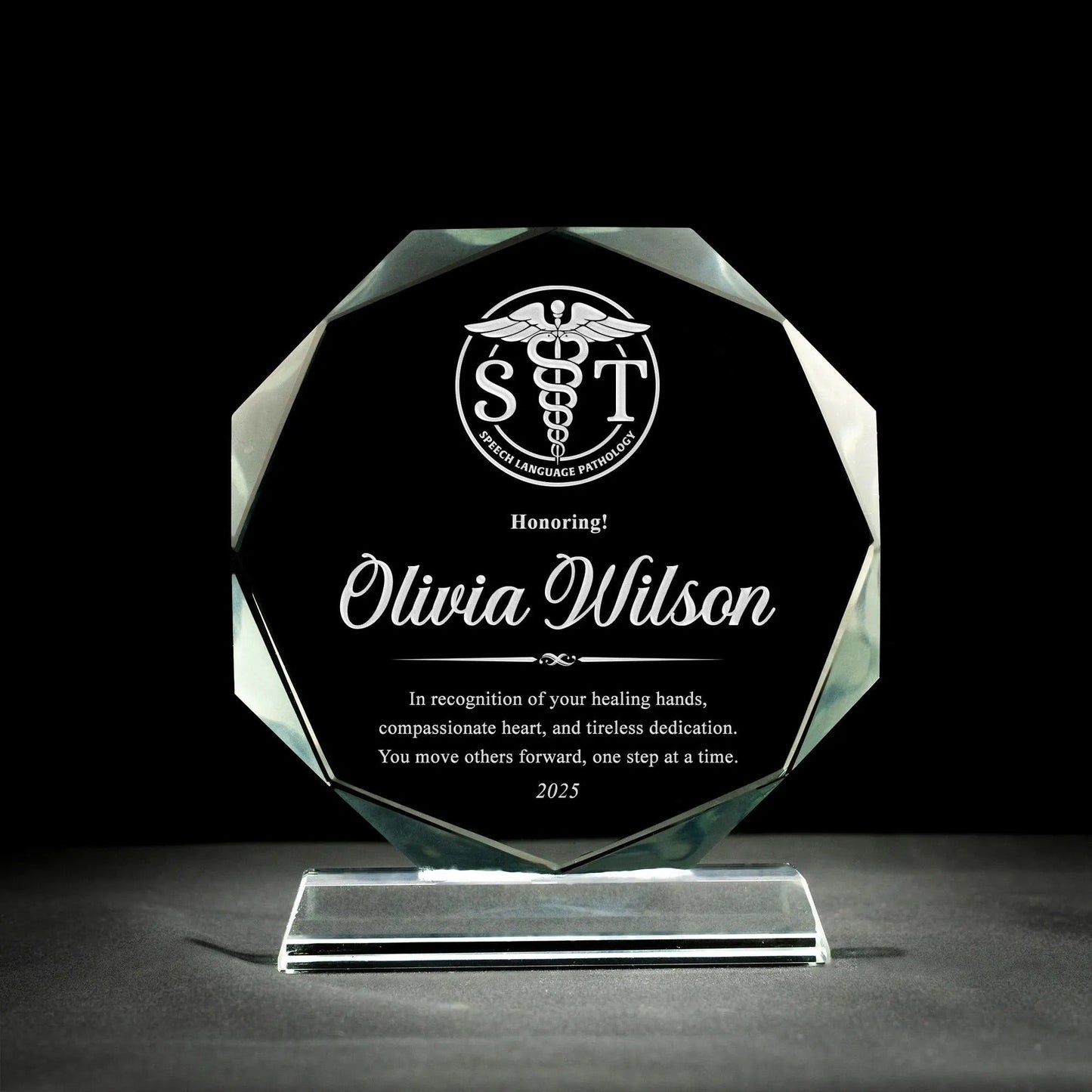 Speech language pathology gifts like personalized crystal awards for gratitude