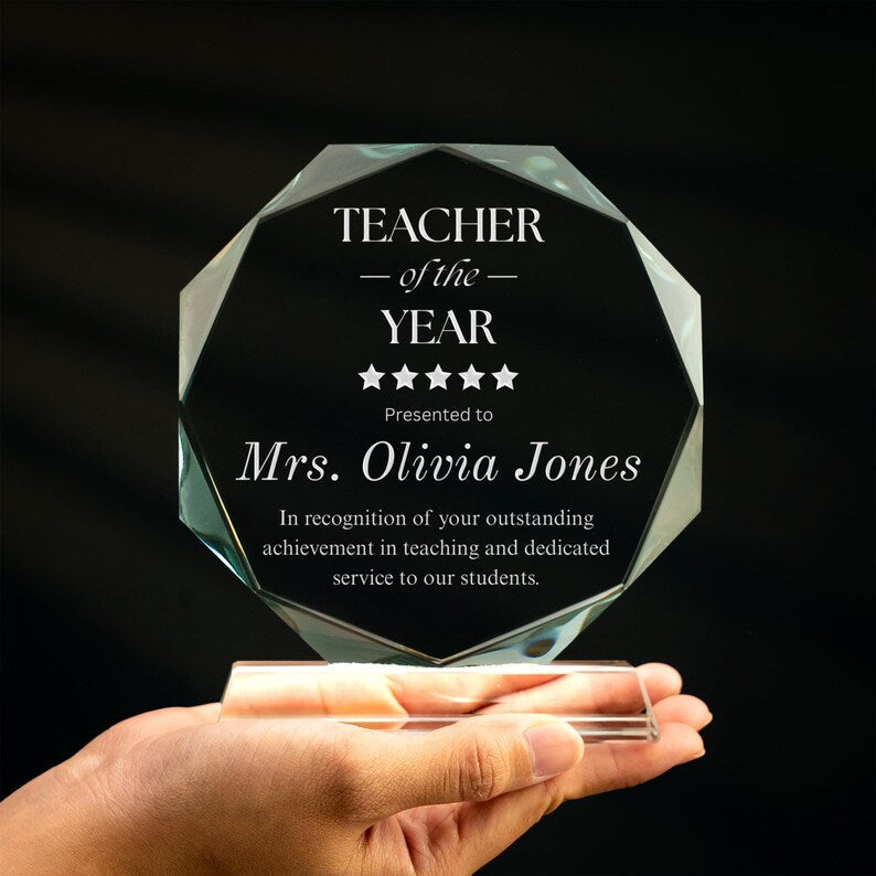 The stunning Personalized Teacher of the Year Crystal Award, a custom teacher of the year trophy and a perfect thank you gift for an educator.