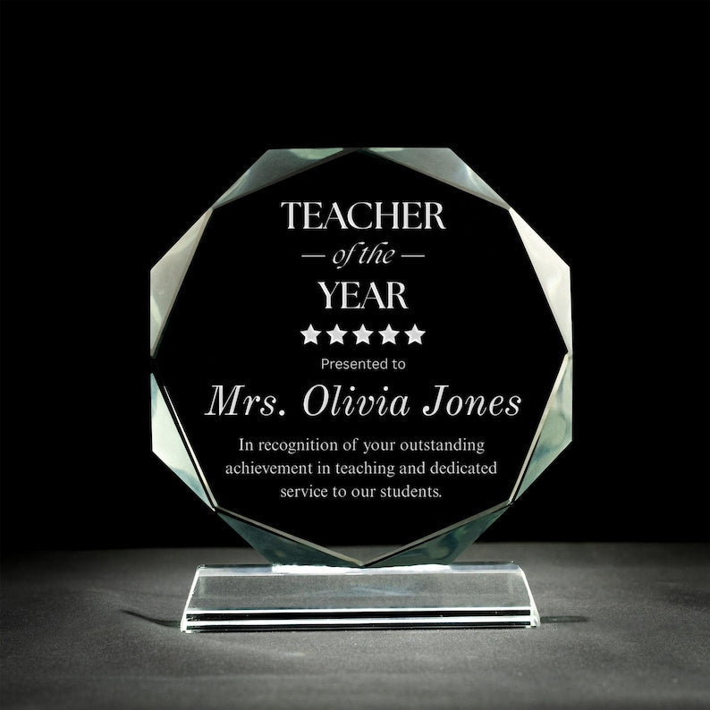 An engraved Personalized Teacher of the Year Crystal Award, recognized as one of the best gifts for teacher appreciation.