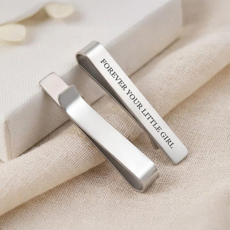 Personalized tie clip for dad, a classic stainless steel tie bar custom made for your father or husband.