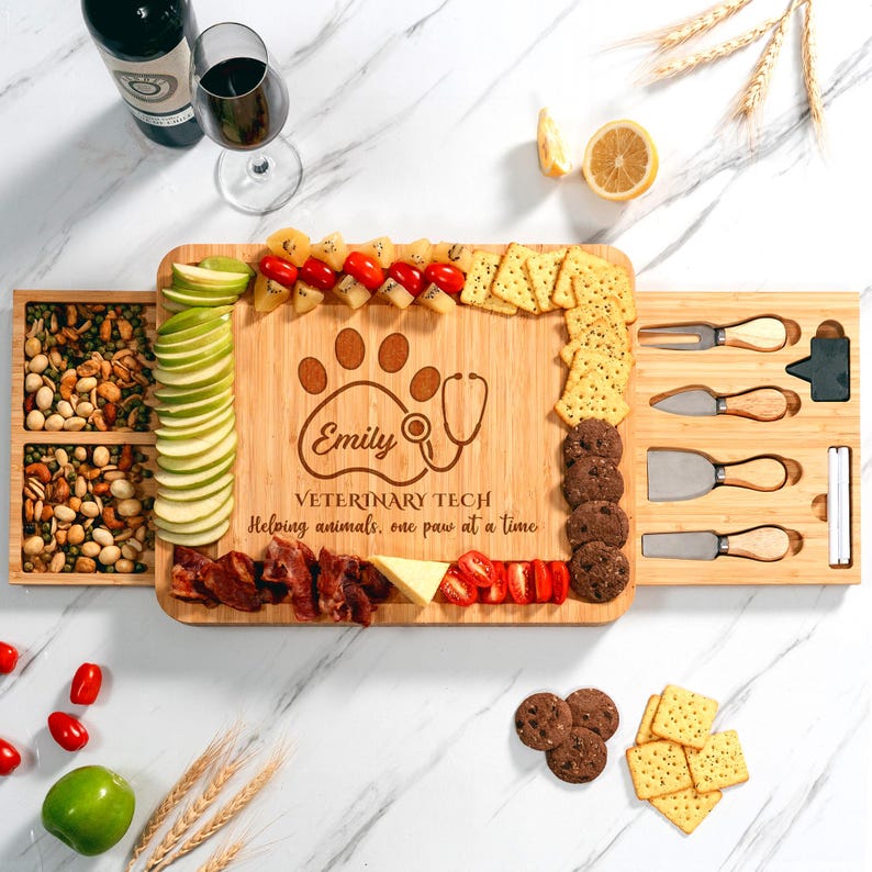 An engraved Personalized Veterinary Tech Bamboo Charcuterie Board, a thoughtful thank you gift for a veterinarian or vet assistant.