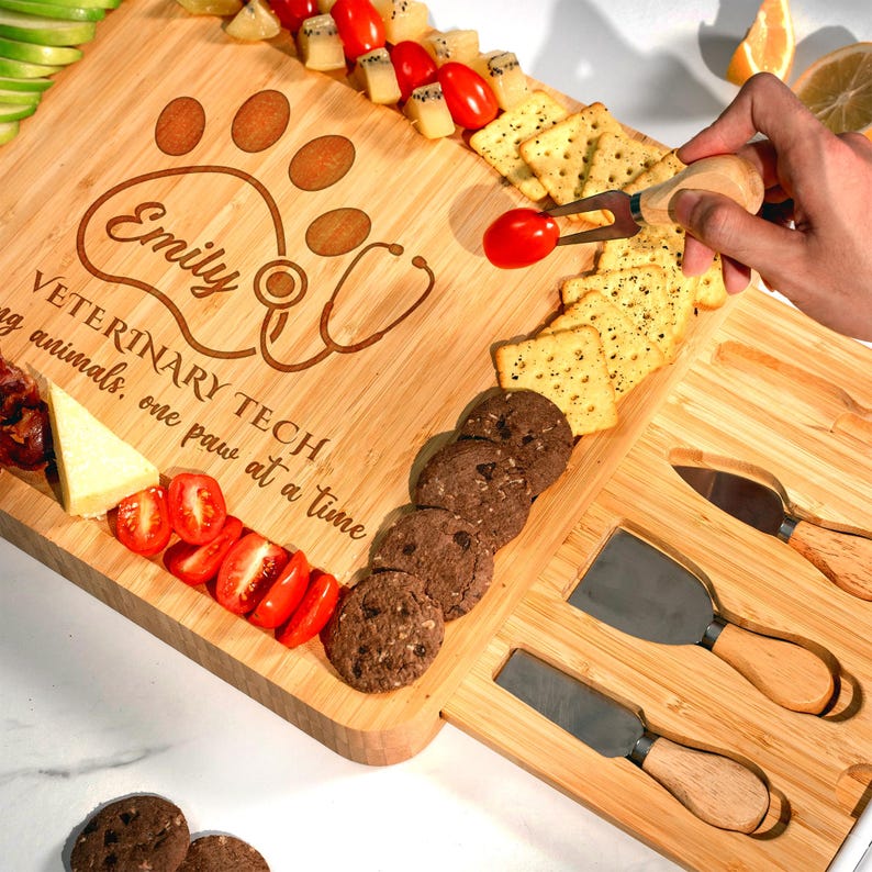This premium bamboo cheese board, a Personalized Veterinary Tech Bamboo Charcuterie Board, makes a great veterinary Christmas gift.