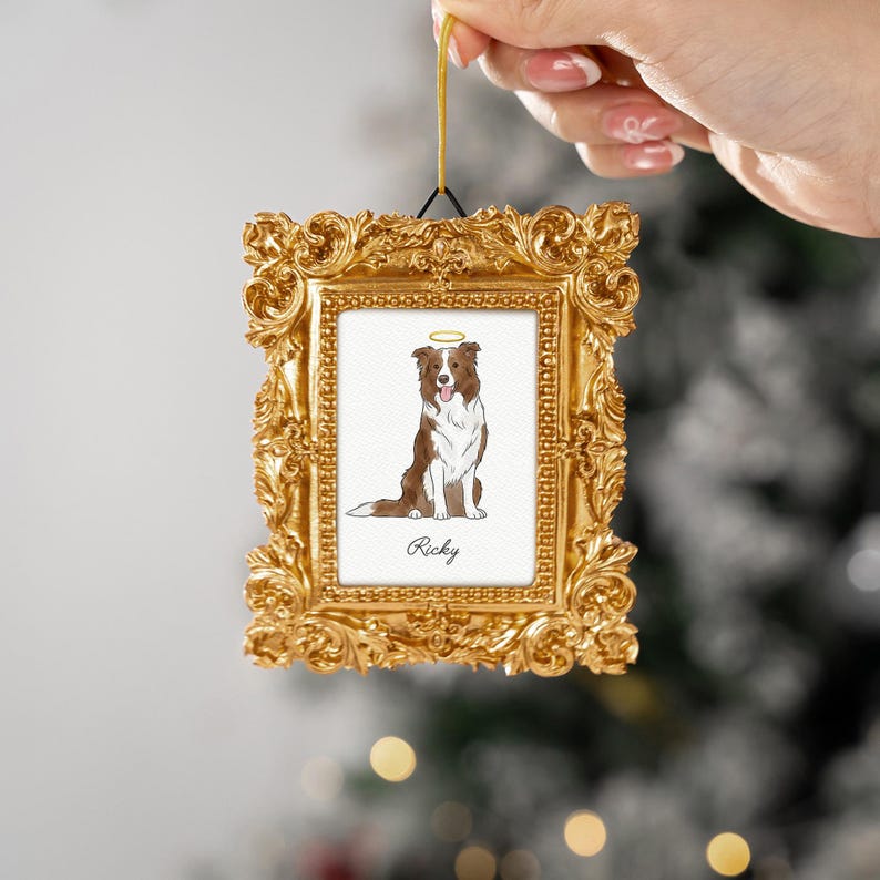 A beautiful dog memorial ornament, the Personalized Watercolor Dog Photo Frame Ornament is a custom photo frame ornament and gift for pet owners.